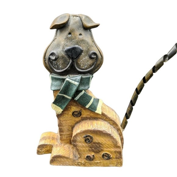 Puppy Dog Wearing a Green White Scarf Figurine Resin w Curly Bendable Metal Tail - Picture 6 of 7